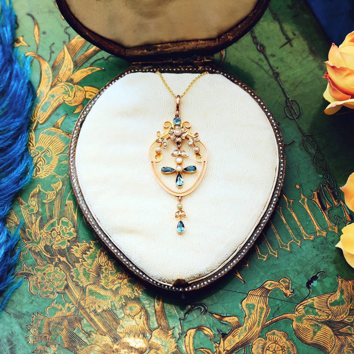 Antique Edwardian Aquamarine & Seed Pearl Lavaliere Pendant