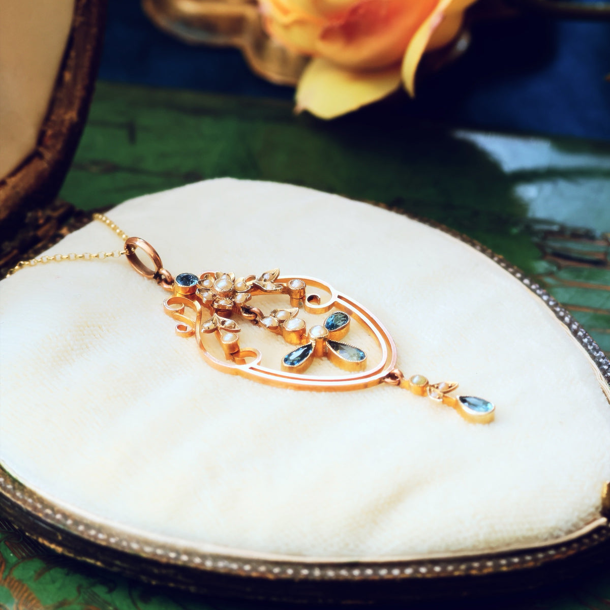 Antique Edwardian Aquamarine & Seed Pearl Lavaliere Pendant