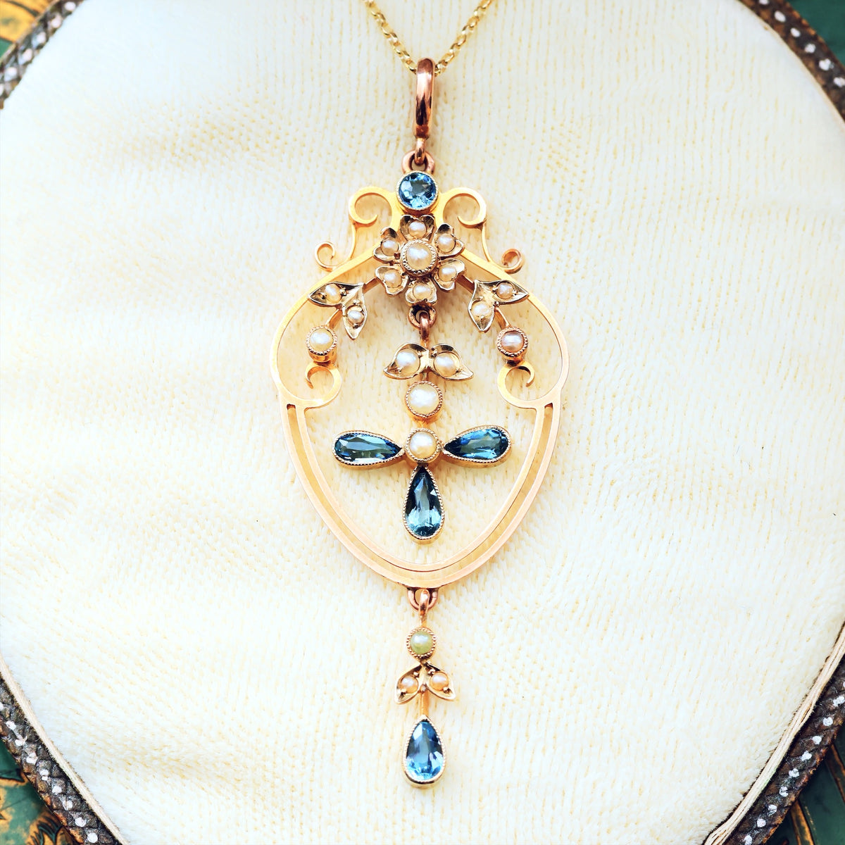Antique Edwardian Aquamarine & Seed Pearl Lavaliere Pendant
