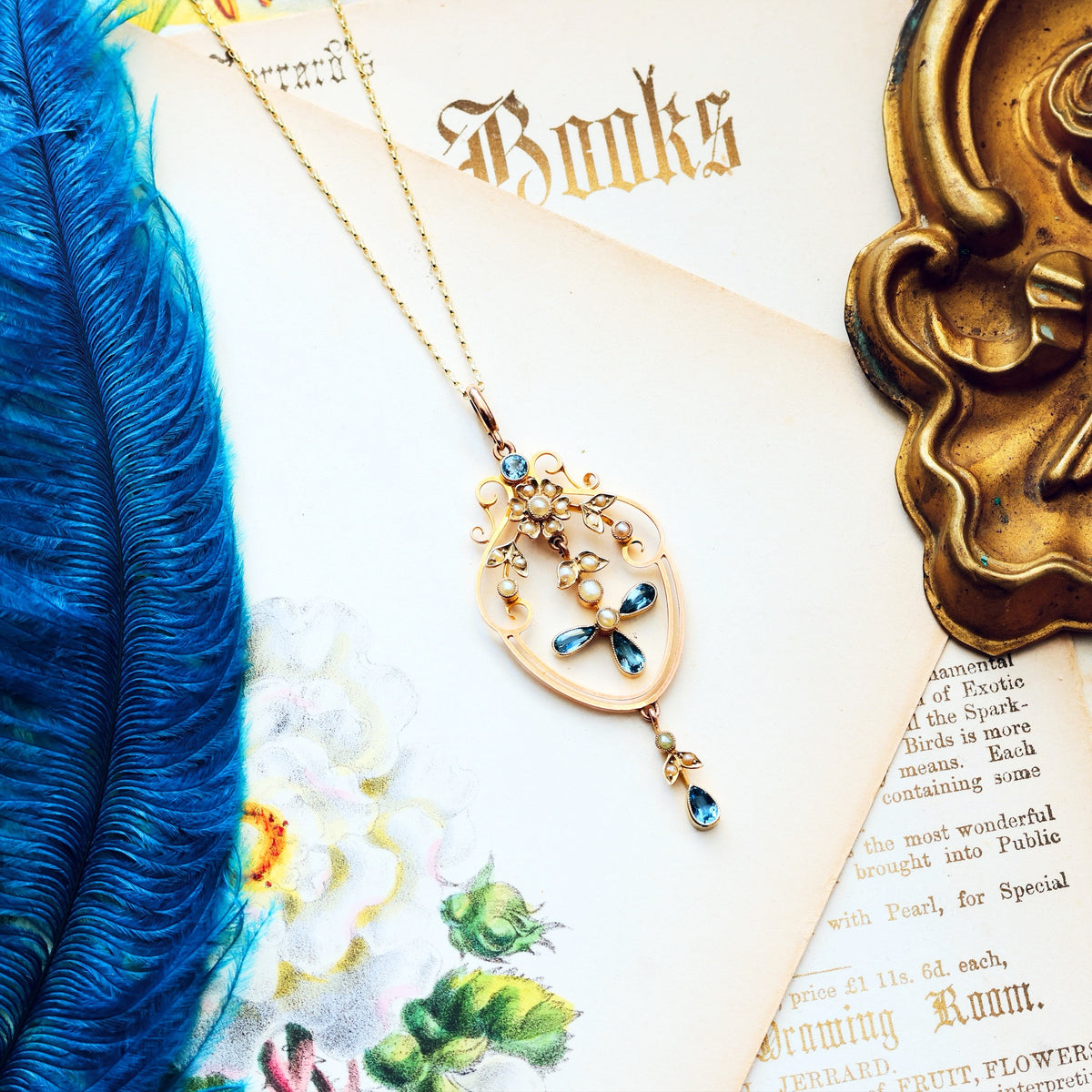 Antique Edwardian Aquamarine & Seed Pearl Lavaliere Pendant