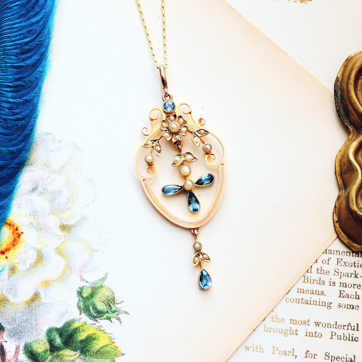 Antique Edwardian Aquamarine & Seed Pearl Lavaliere Pendant
