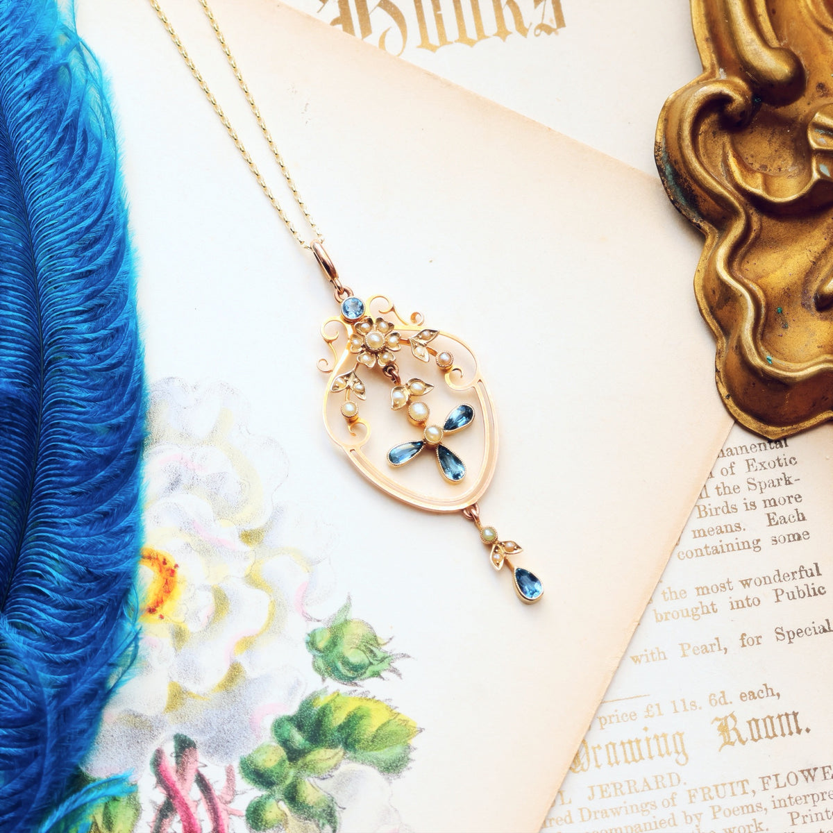 Antique Edwardian Aquamarine & Seed Pearl Lavaliere Pendant
