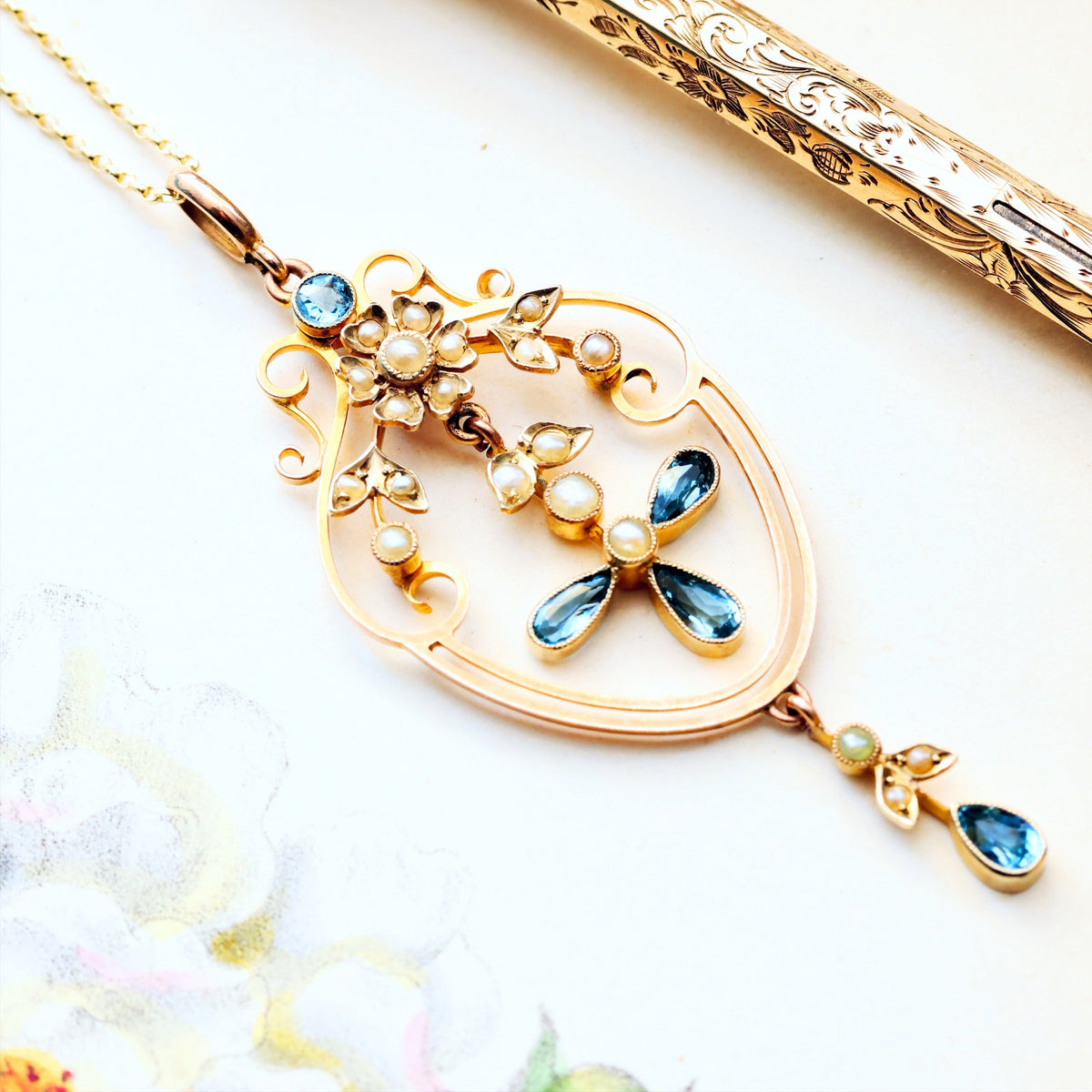 Antique Edwardian Aquamarine & Seed Pearl Lavaliere Pendant