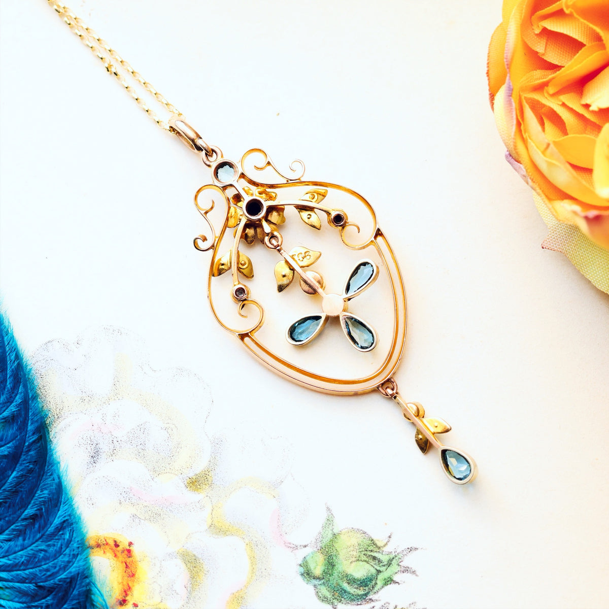 Antique Edwardian Aquamarine & Seed Pearl Lavaliere Pendant