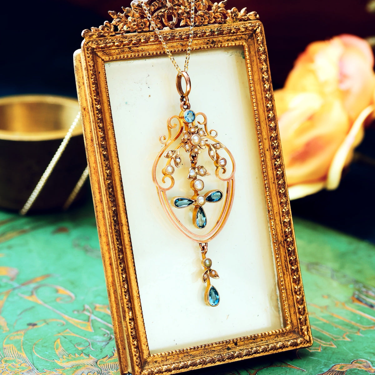 Antique Edwardian Aquamarine & Seed Pearl Lavaliere Pendant
