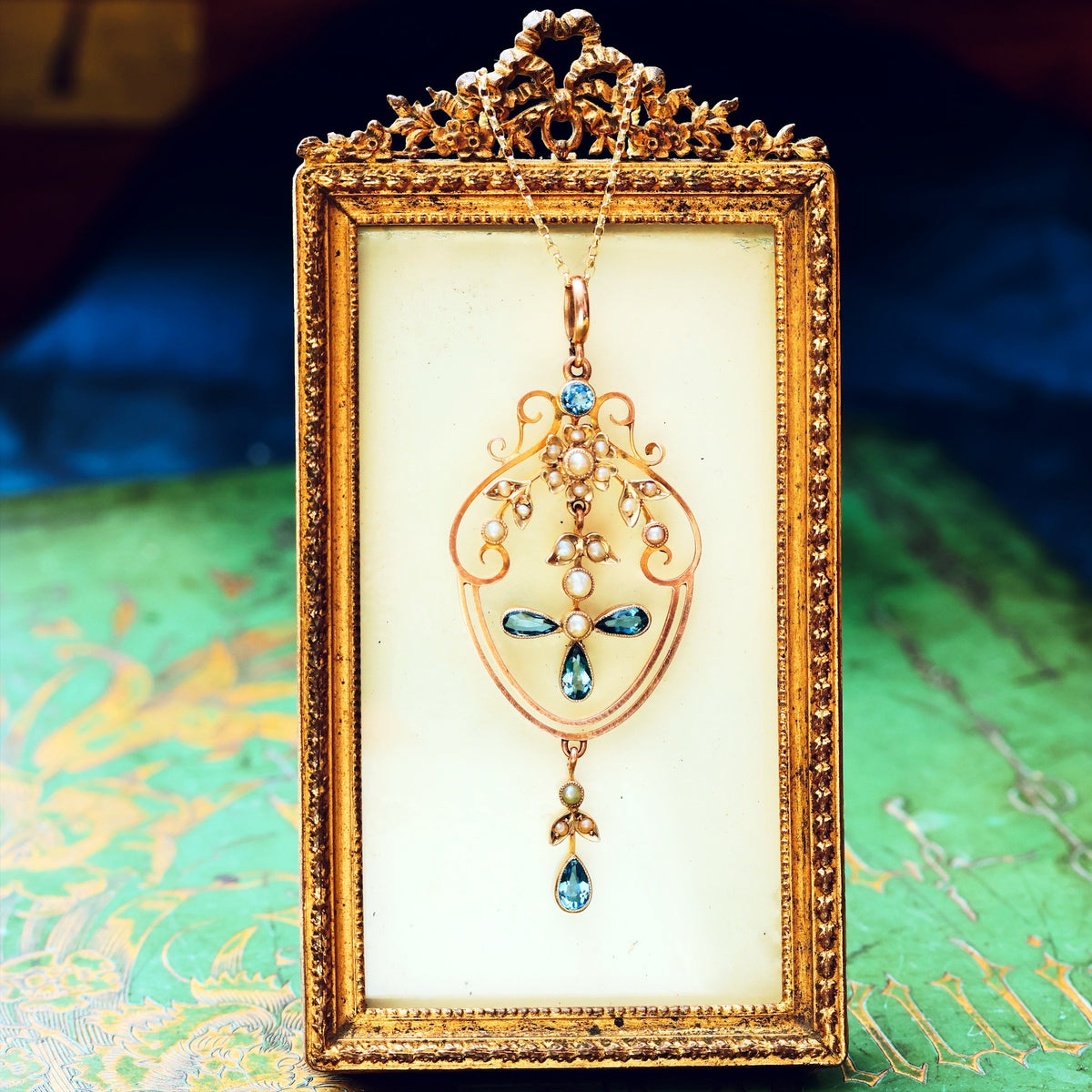 Antique Edwardian Aquamarine & Seed Pearl Lavaliere Pendant