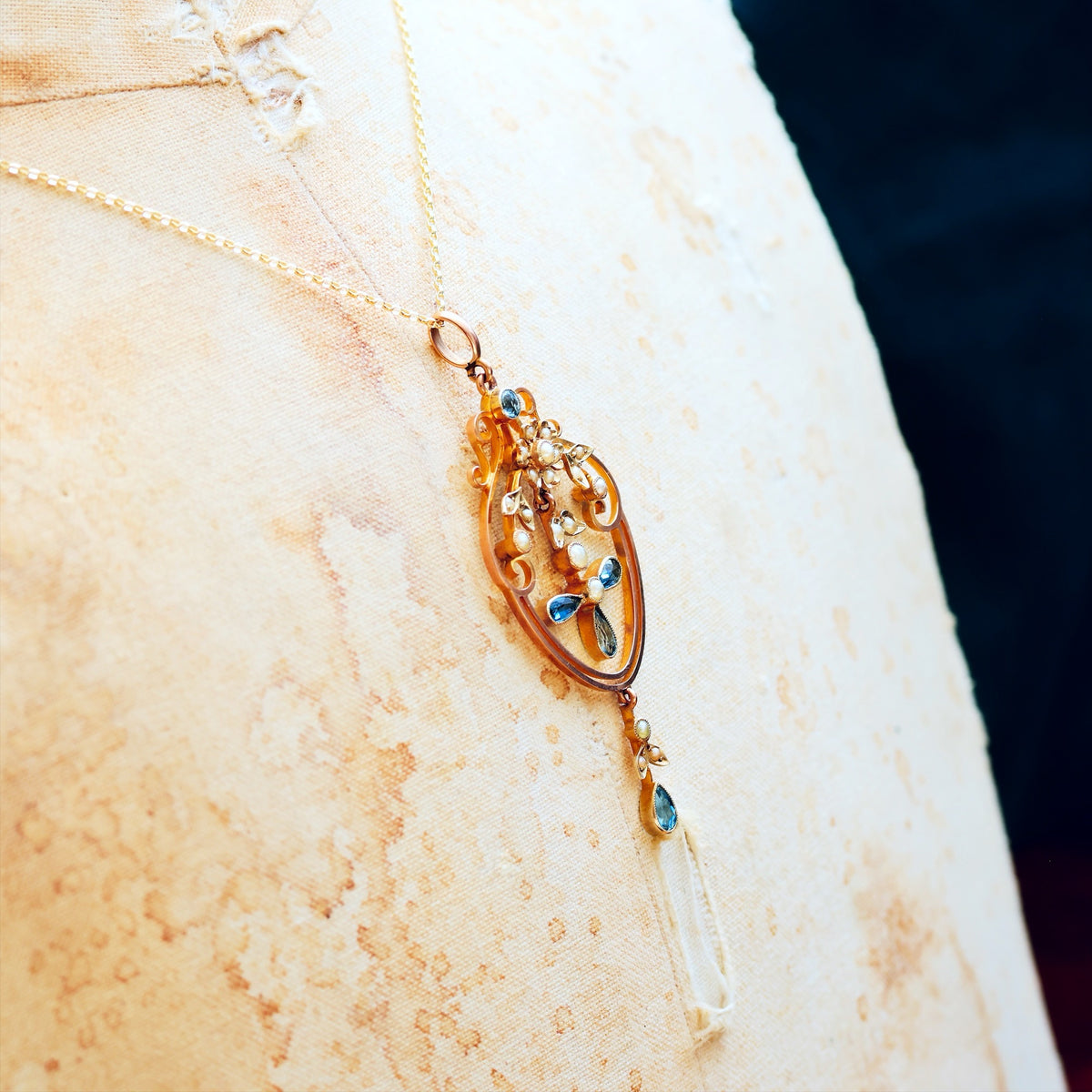 Antique Edwardian Aquamarine & Seed Pearl Lavaliere Pendant