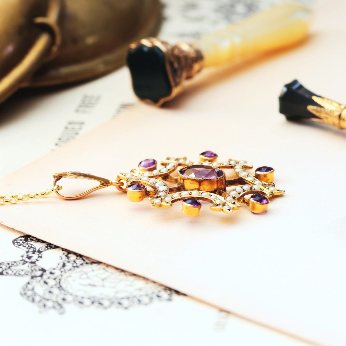 Edwardian Amethyst & Seed Pearl Lavaliere Pendant