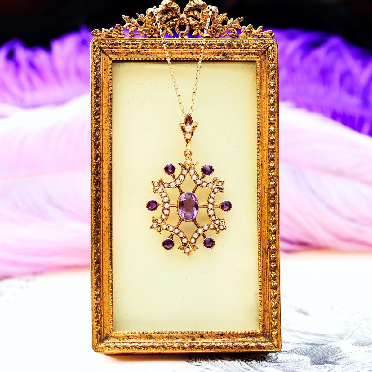 Edwardian Amethyst & Seed Pearl Lavaliere Pendant