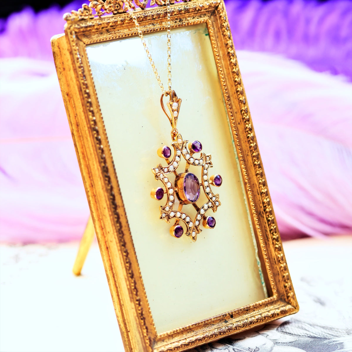 Edwardian Amethyst & Seed Pearl Lavaliere Pendant