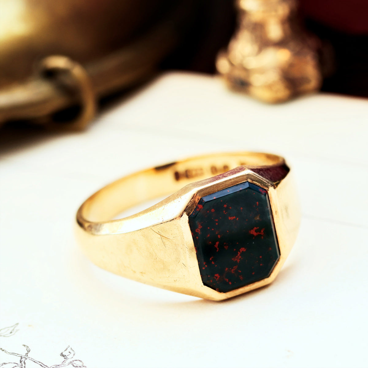 Striking Art Deco Date 1955 Bloodstone Signet Ring