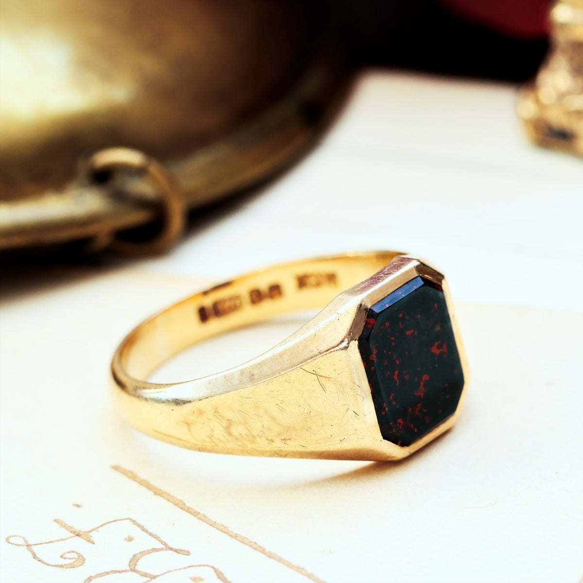 Striking Art Deco Date 1955 Bloodstone Signet Ring
