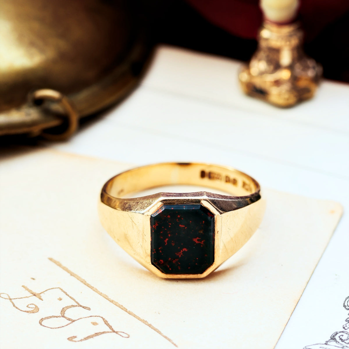 Striking Art Deco Date 1955 Bloodstone Signet Ring