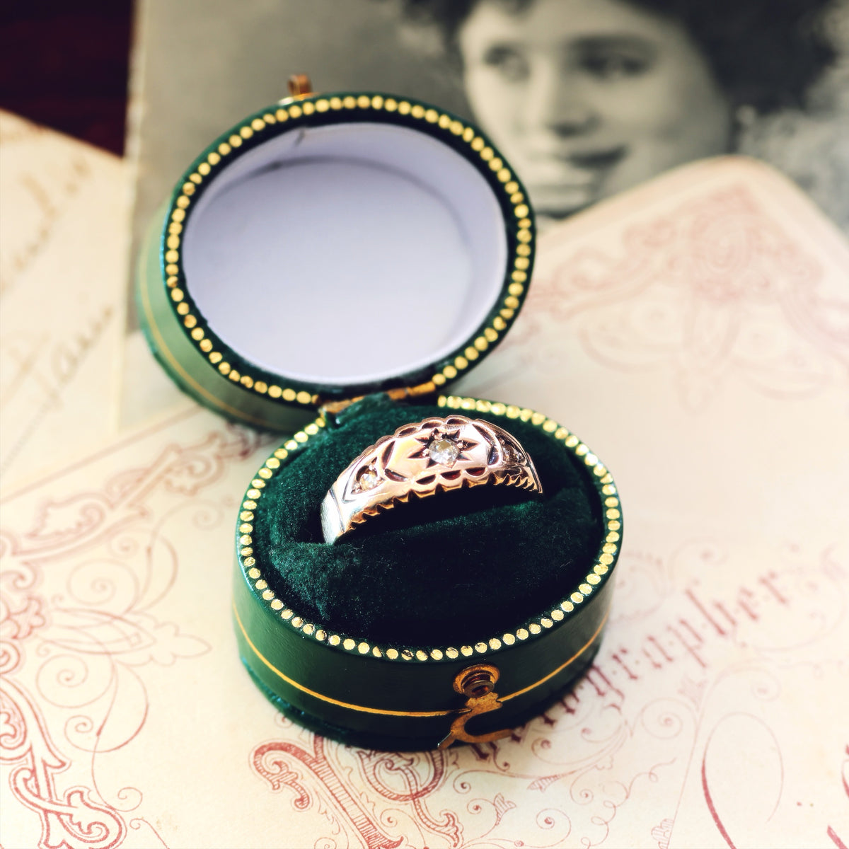 Date 1900 9ct Rose Gold Diamond Gypsy Set Ring