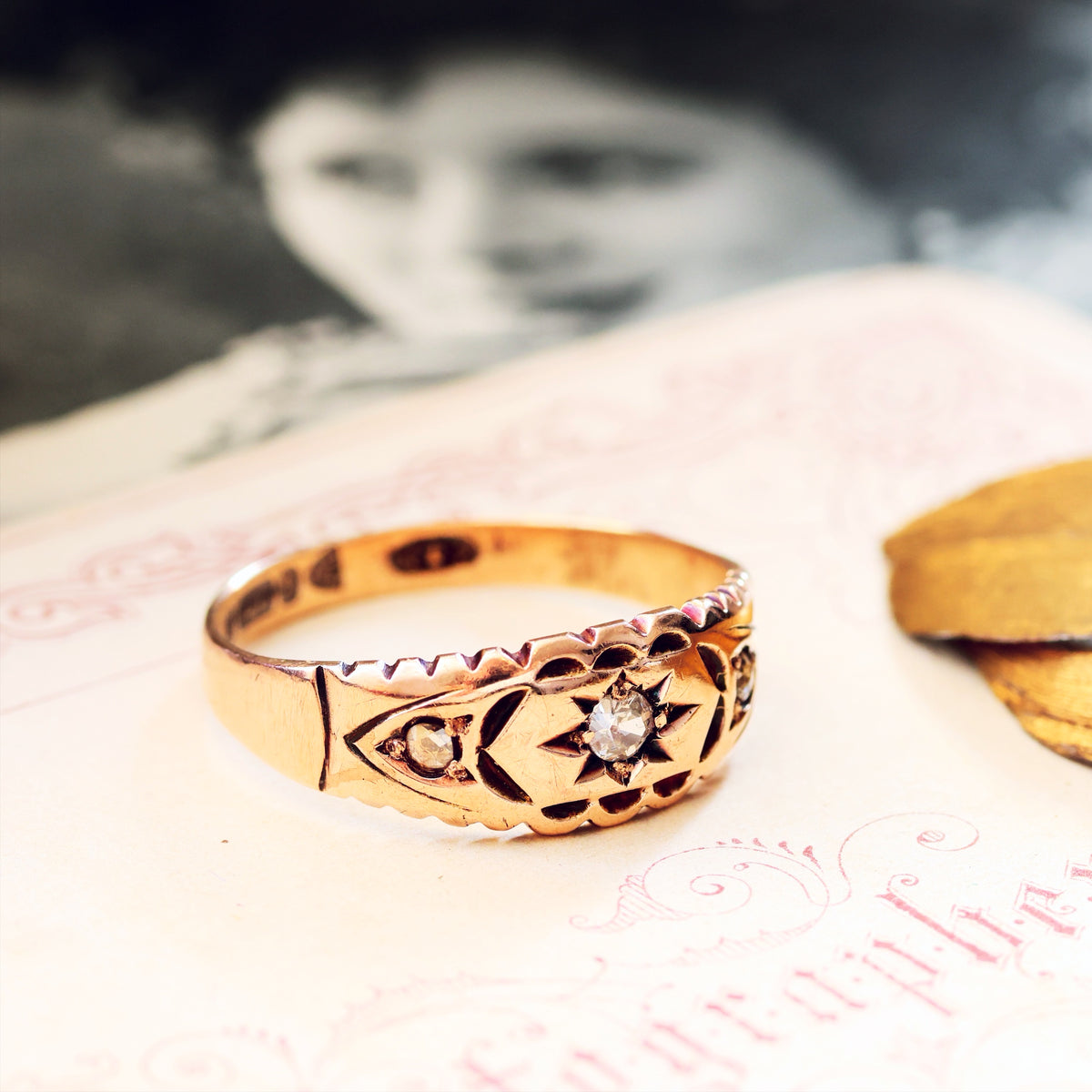 Date 1900 9ct Rose Gold Diamond Gypsy Set Ring