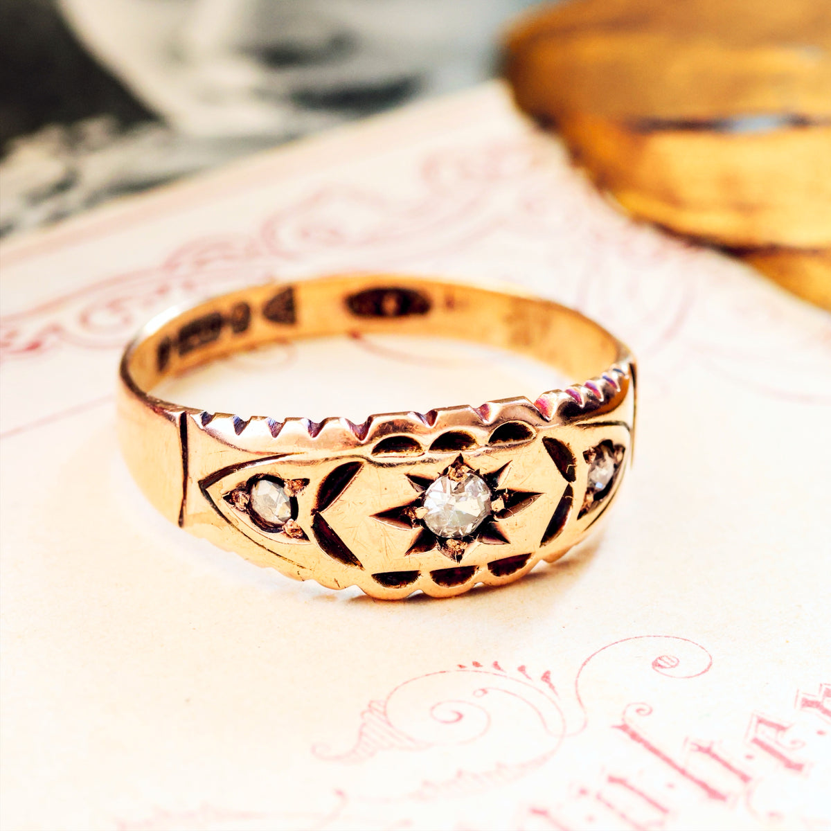 Date 1900 9ct Rose Gold Diamond Gypsy Set Ring