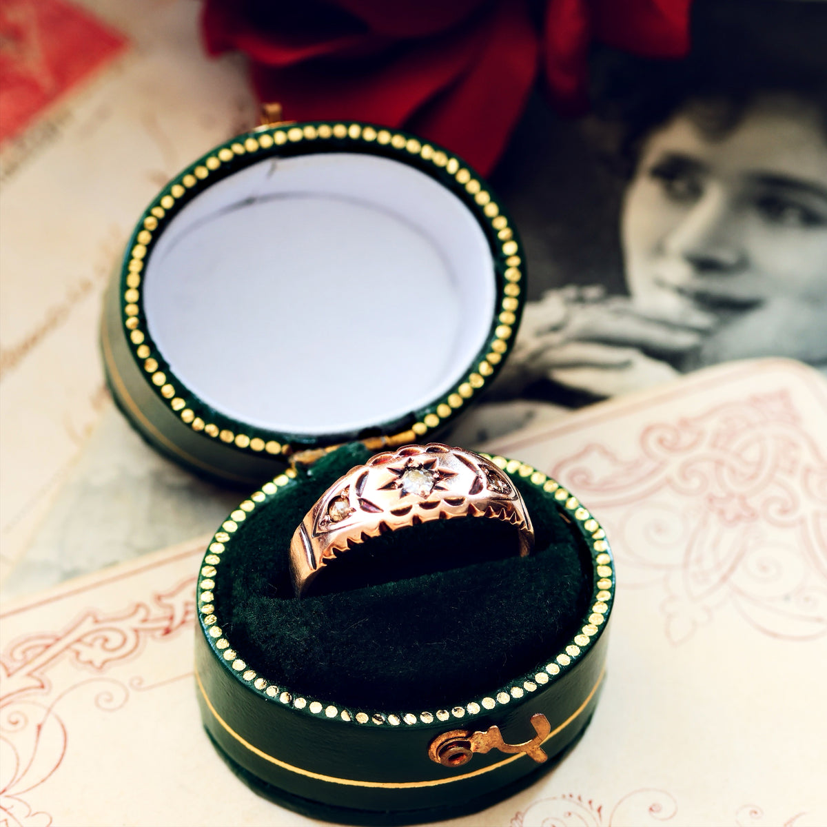 Date 1900 9ct Rose Gold Diamond Gypsy Set Ring