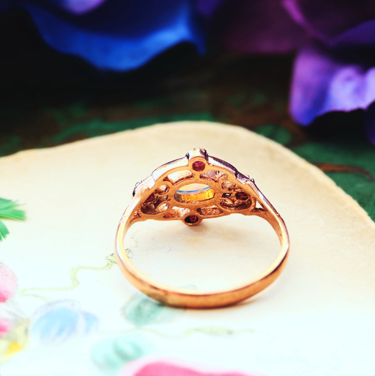 Vintage 9ct Rose Gold Opal & Ruby Ring