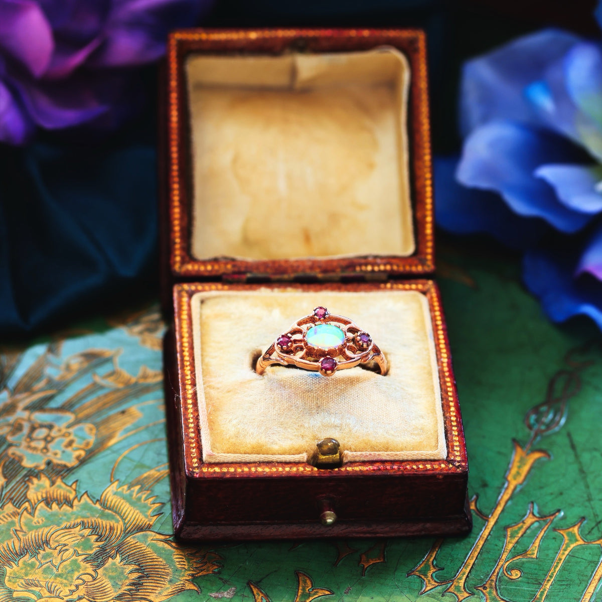 Vintage 9ct Rose Gold Opal & Ruby Ring