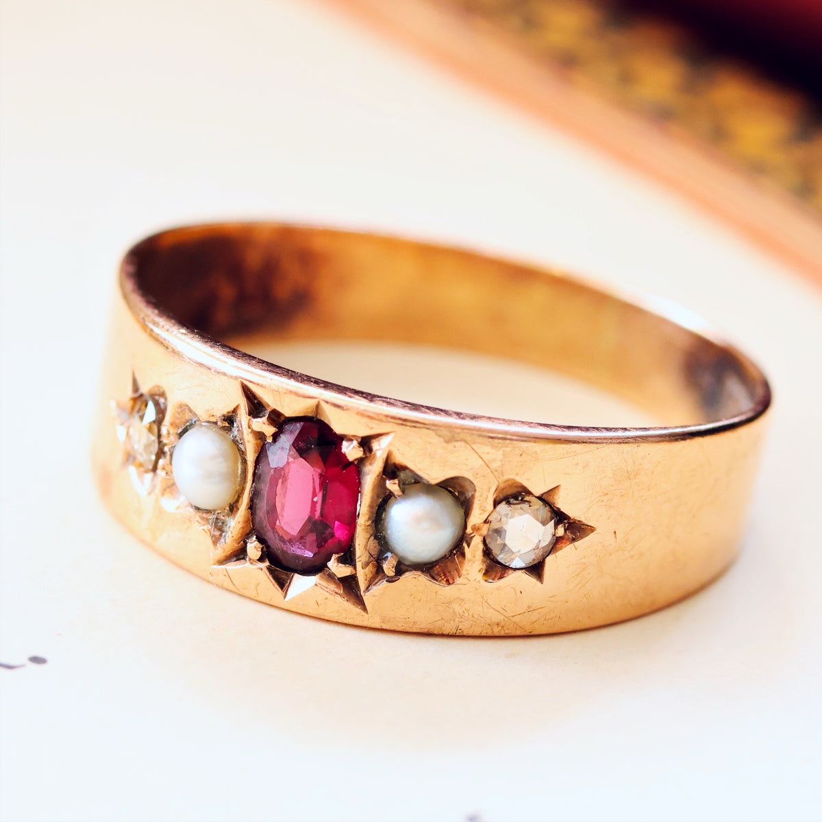 Antique Starset Garnet, Pearl & Diamond Band Ring