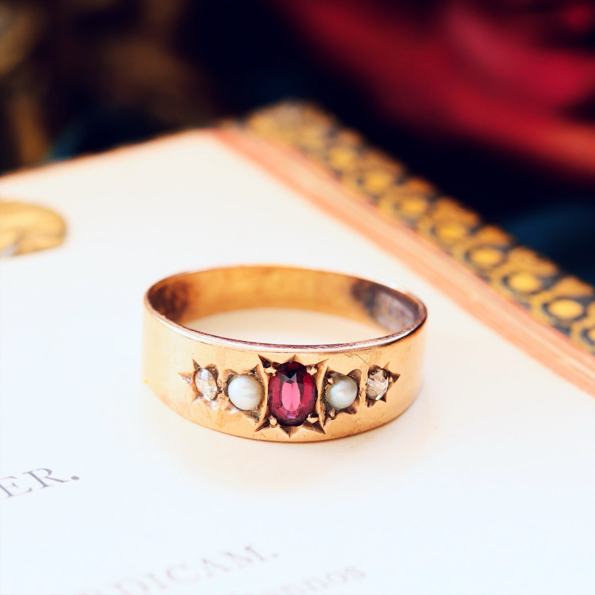 Antique Starset Garnet, Pearl & Diamond Band Ring