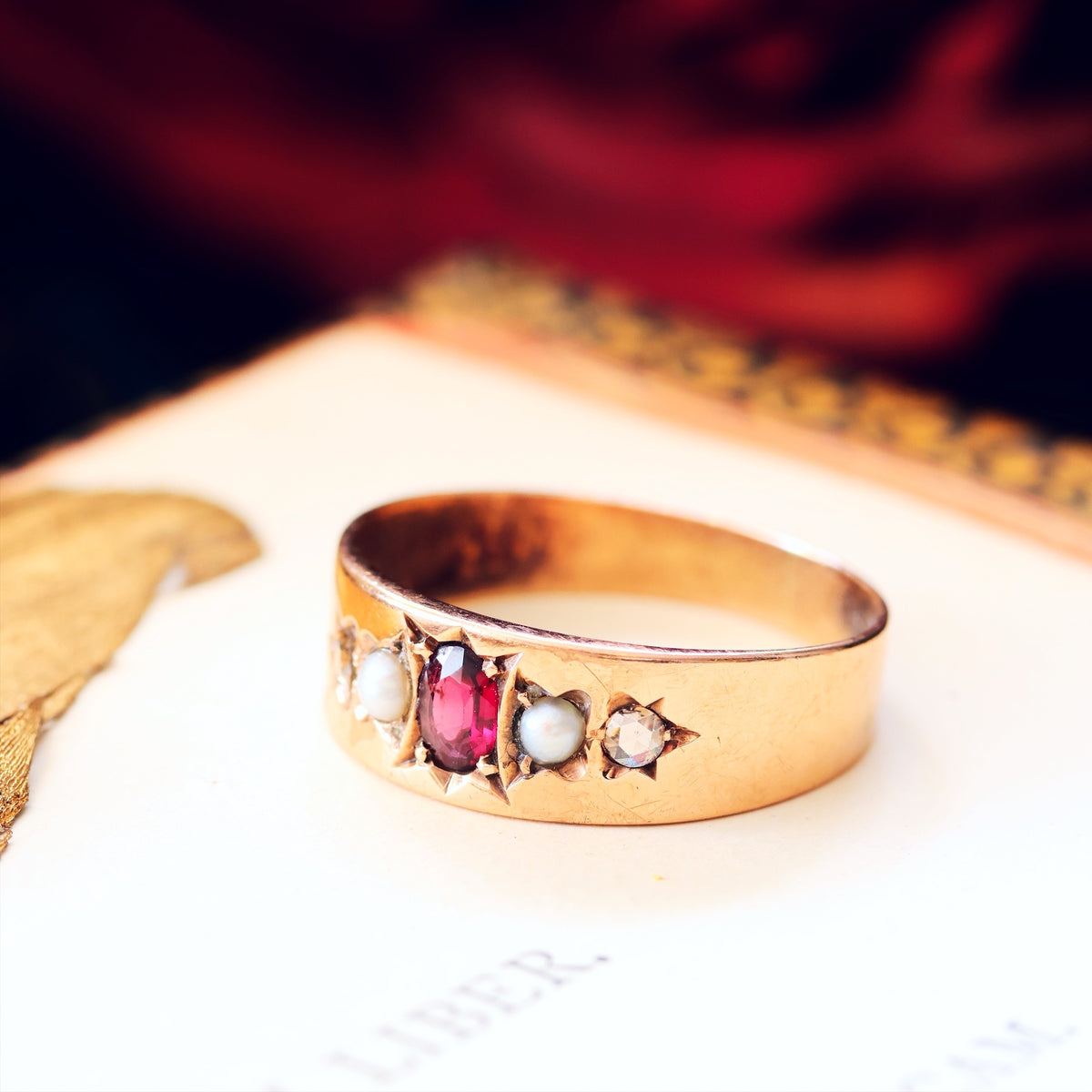 Antique Starset Garnet, Pearl & Diamond Band Ring