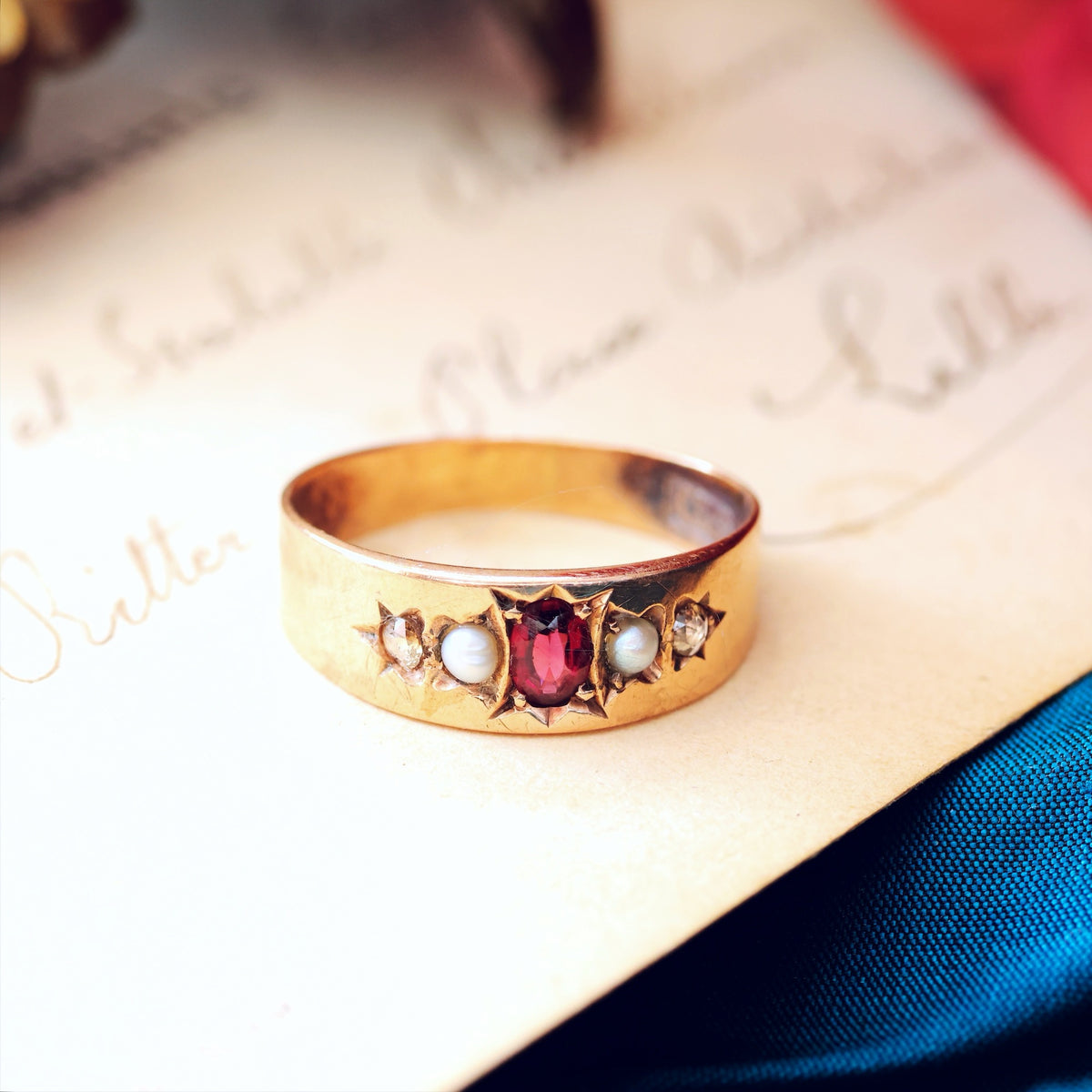 Antique Starset Garnet, Pearl & Diamond Band Ring