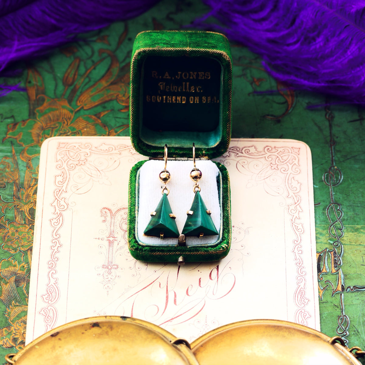 Marvellous Vintage Modernist 9ct Gold Malachite Earrings