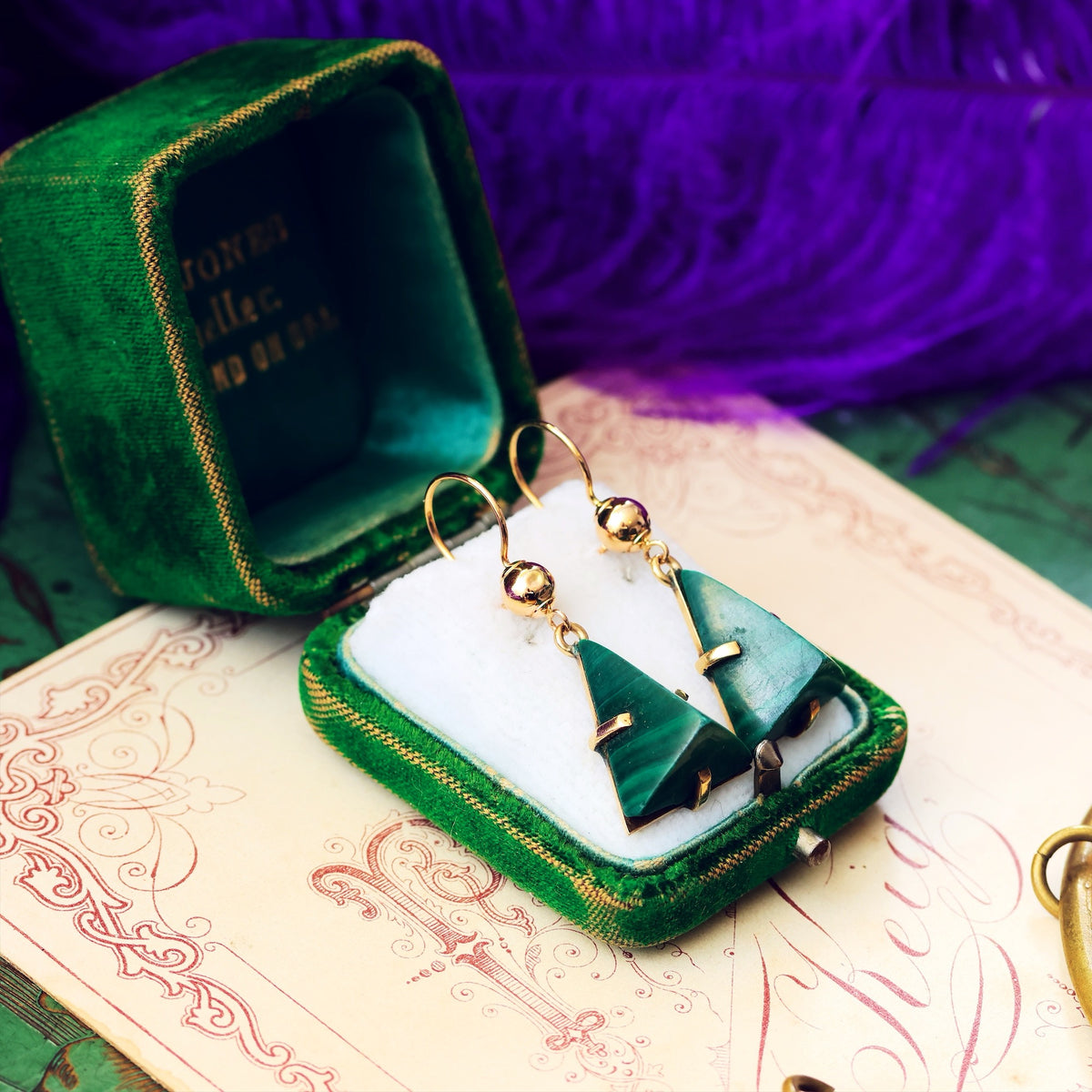 Marvellous Vintage Modernist 9ct Gold Malachite Earrings