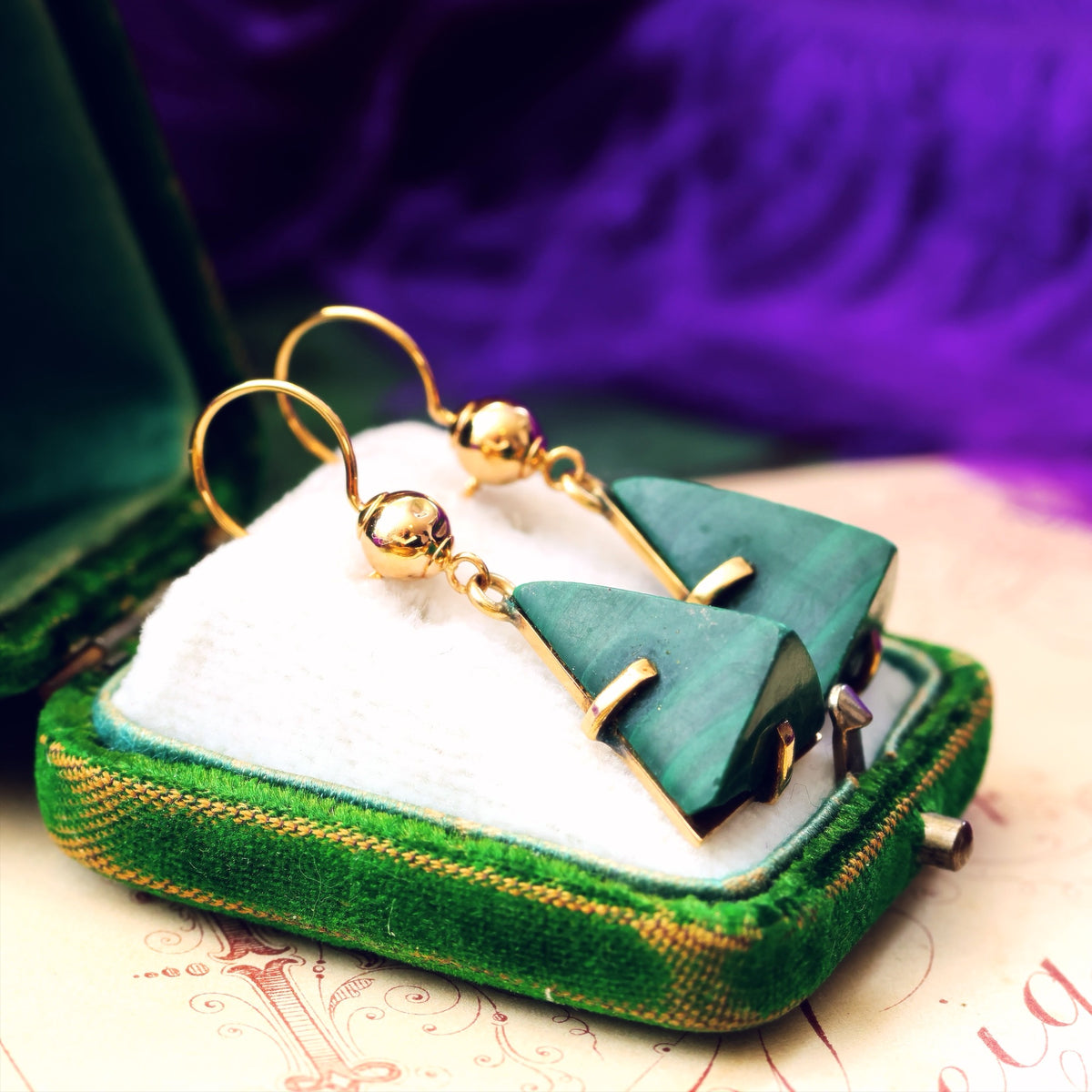 Marvellous Vintage Modernist 9ct Gold Malachite Earrings