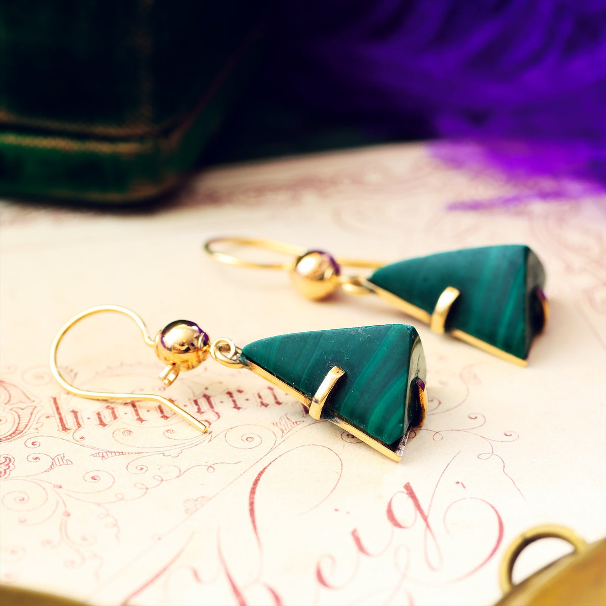 Marvellous Vintage Modernist 9ct Gold Malachite Earrings