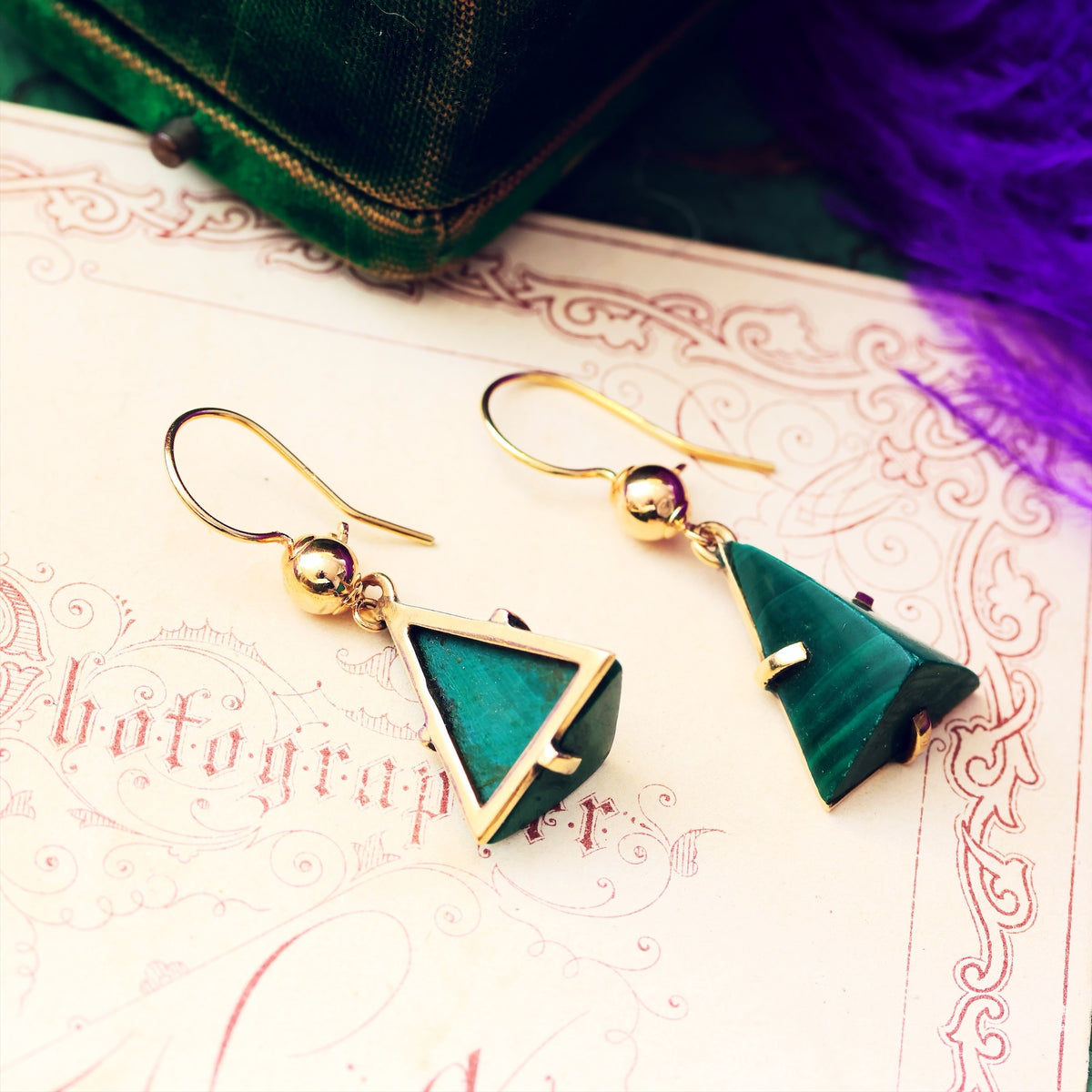 Marvellous Vintage Modernist 9ct Gold Malachite Earrings