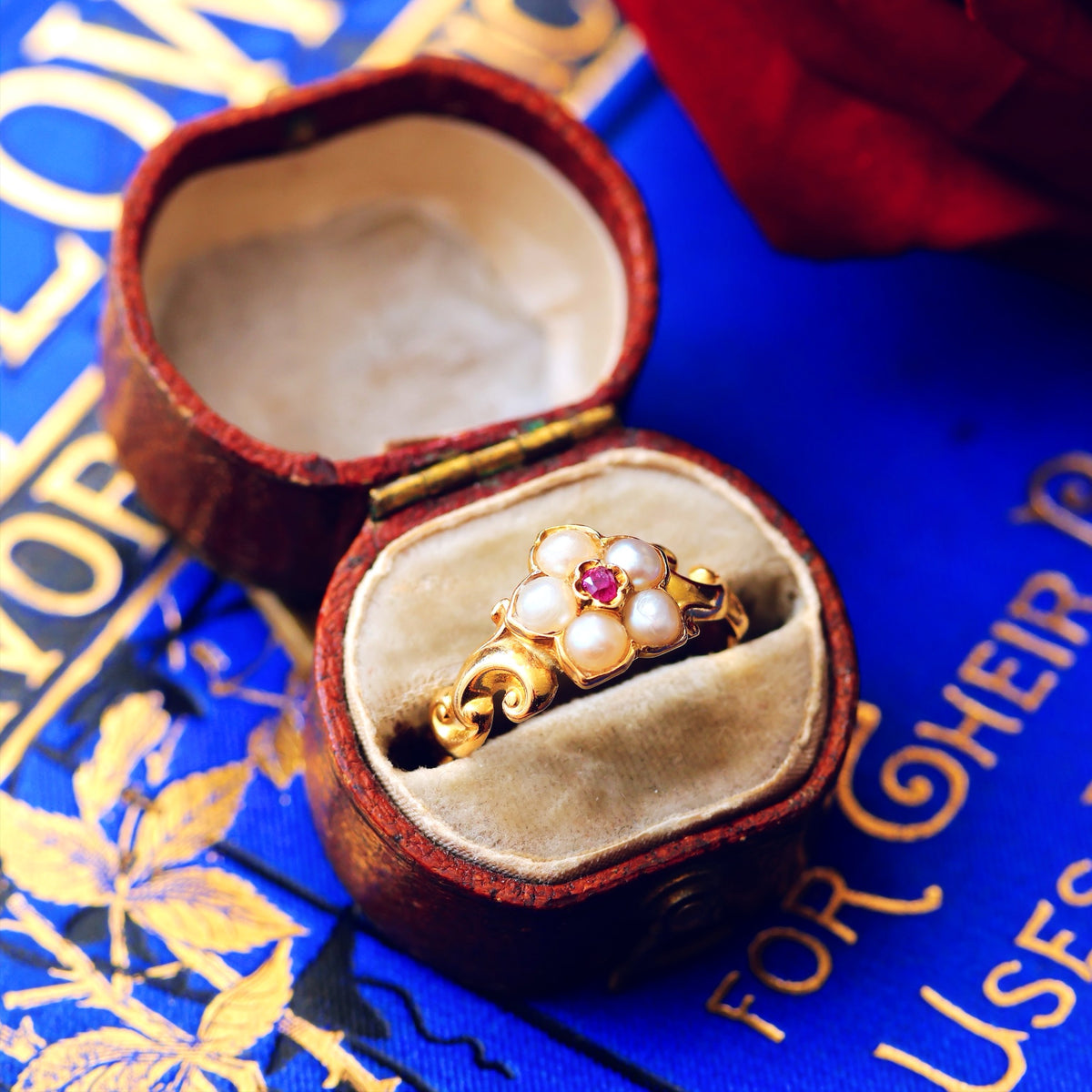 Exquisite Antique Wild Pearl and Ruby Pansy Ring