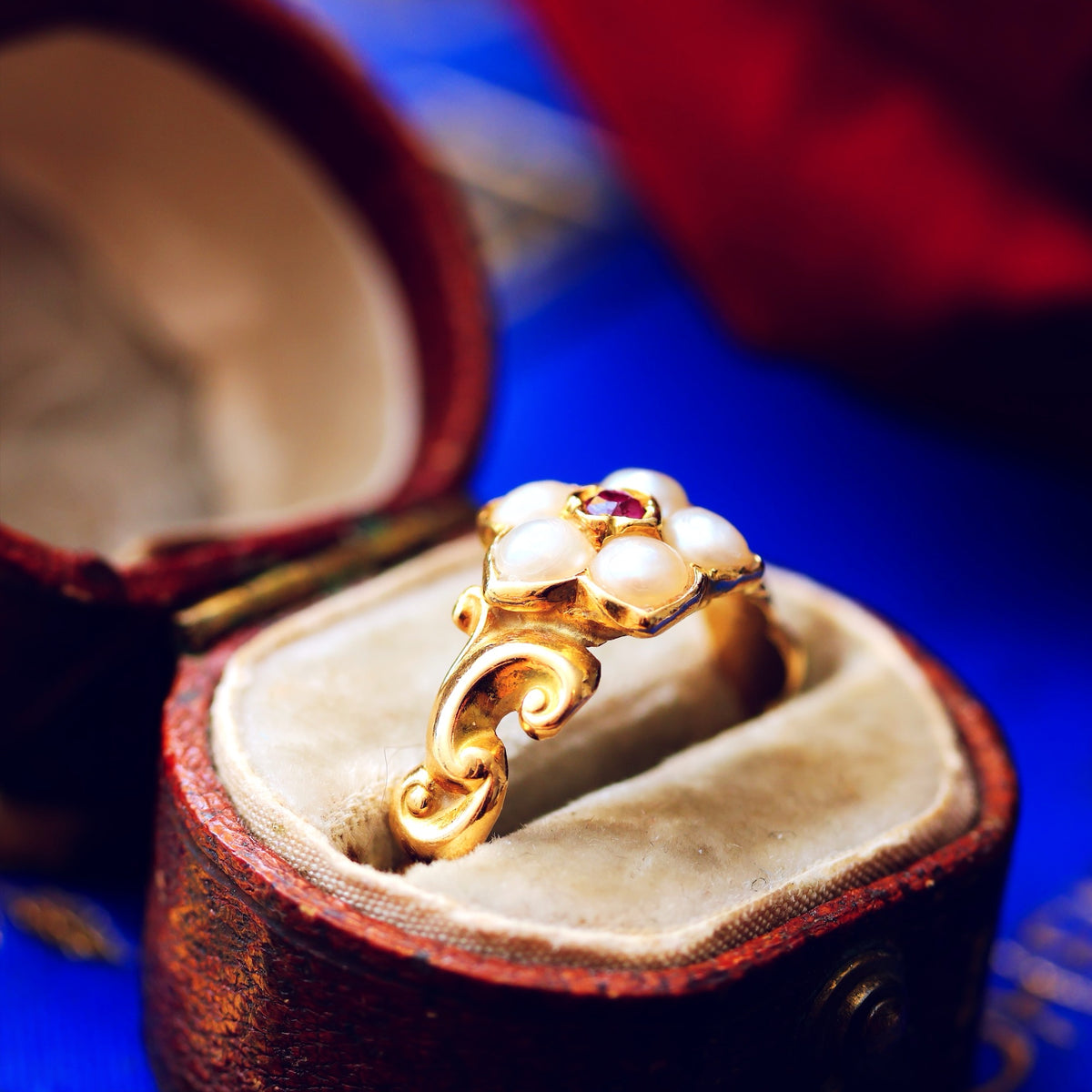 Exquisite Antique Wild Pearl and Ruby Pansy Ring