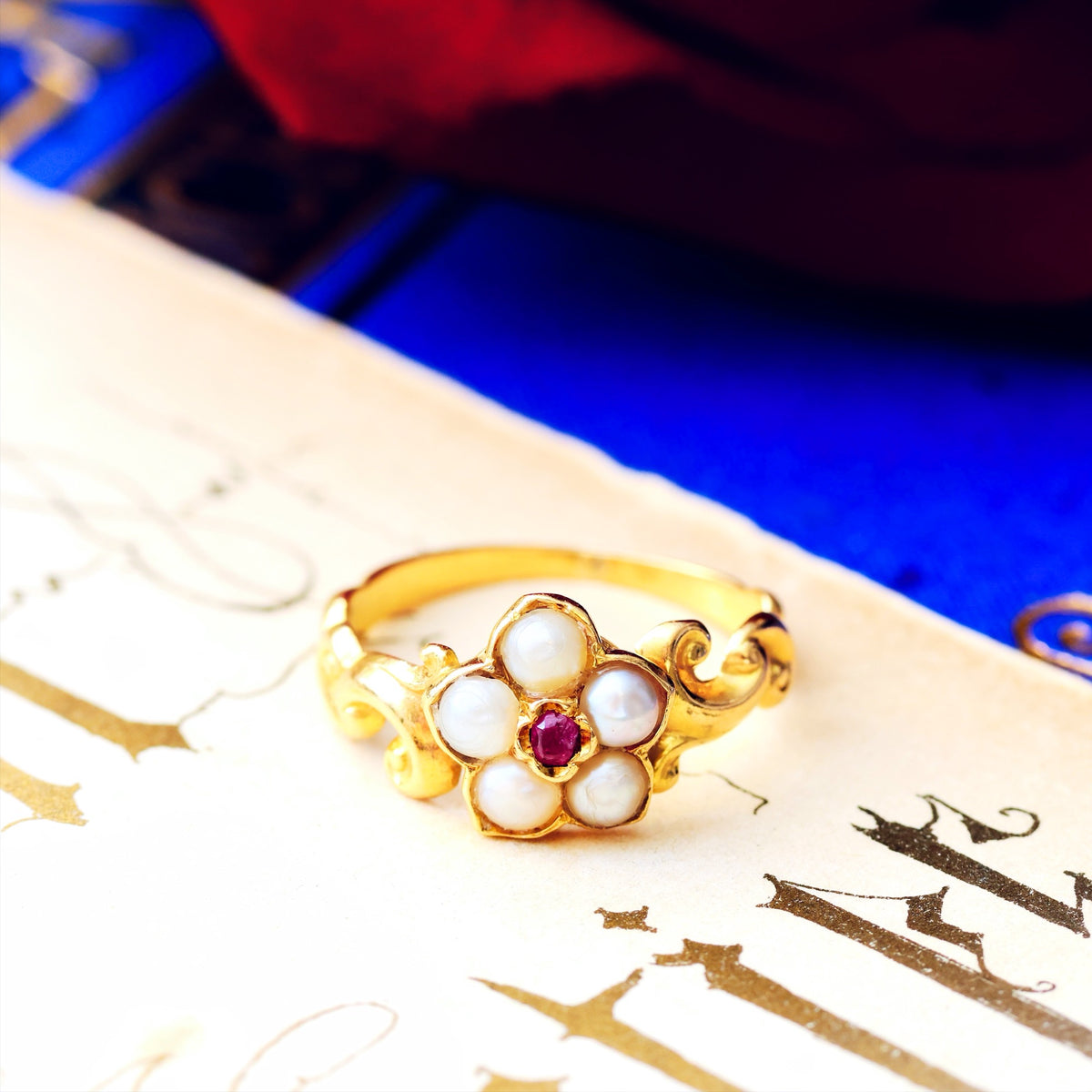 Antique Wild Pearl and Ruby Pansy Ring