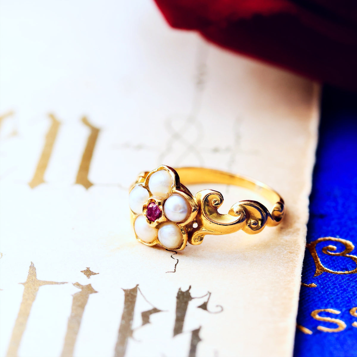 Exquisite Antique Wild Pearl and Ruby Pansy Ring