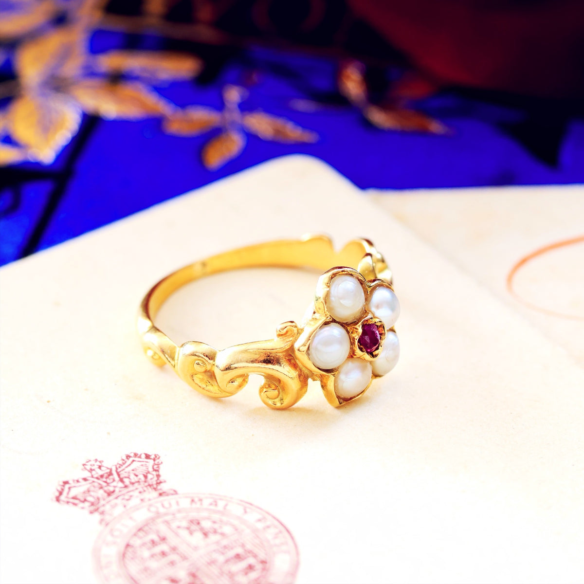 Exquisite Antique Wild Pearl and Ruby Pansy Ring