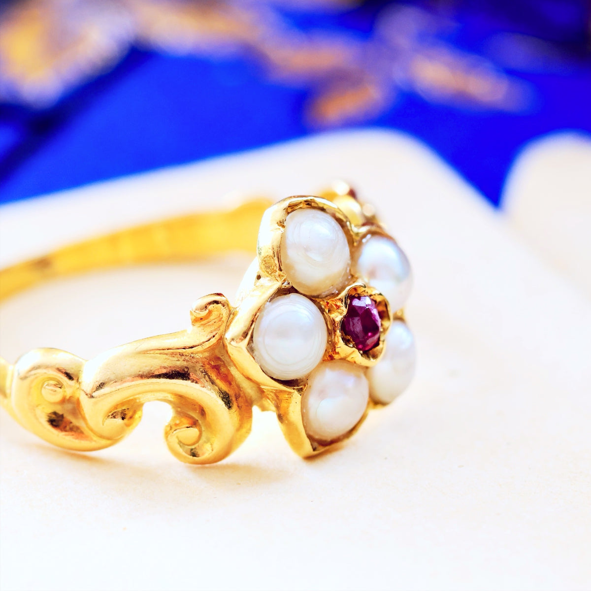 Exquisite Antique Wild Pearl and Ruby Pansy Ring