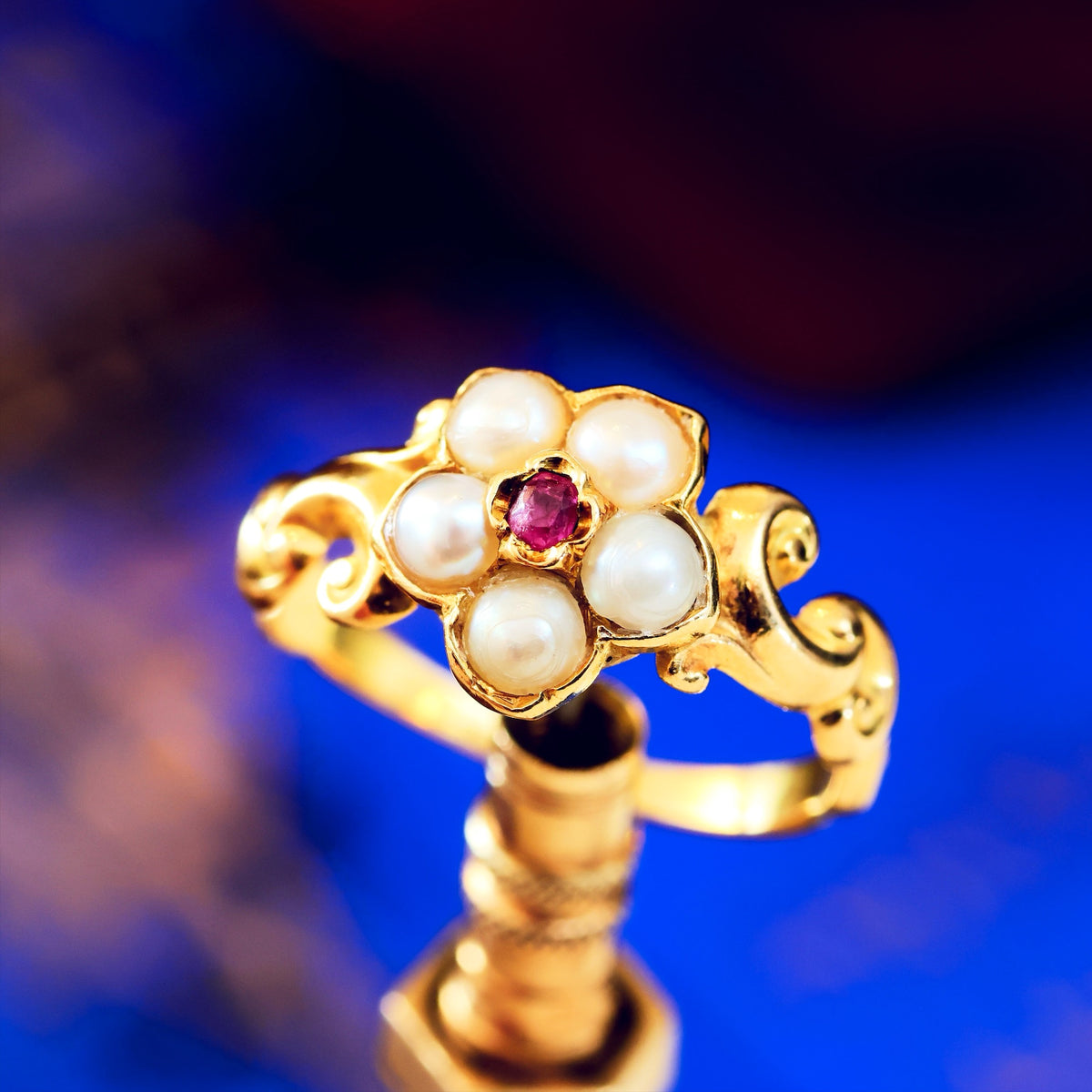 Exquisite Antique Wild Pearl and Ruby Pansy Ring