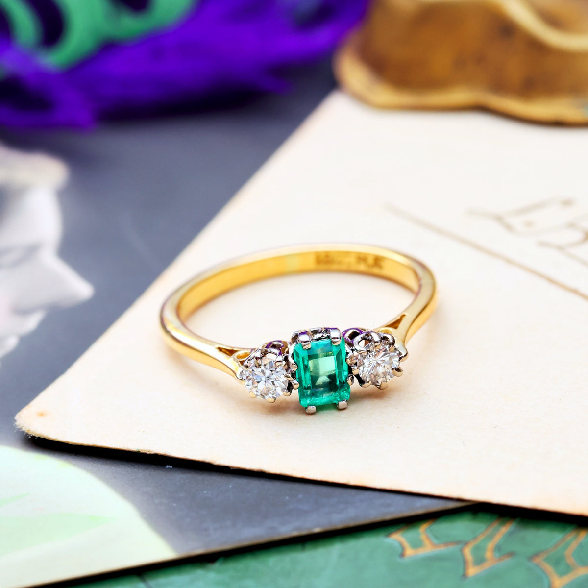 Vintage Emerald & Diamond Trilogy Engagement Ring