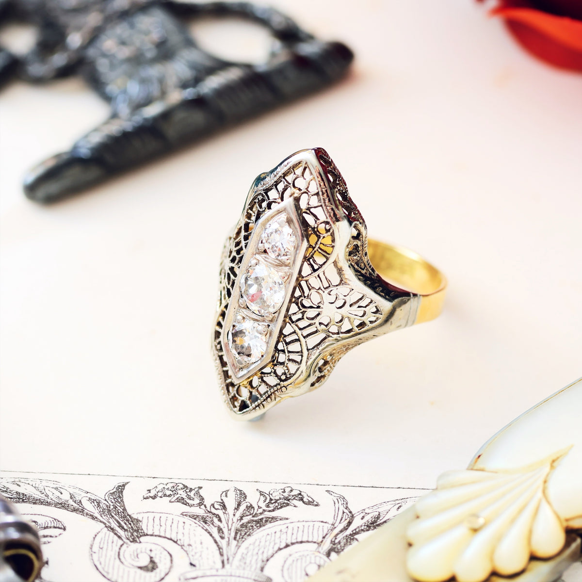 A Dramatic Vintage Filigree Diamond Dress Ring