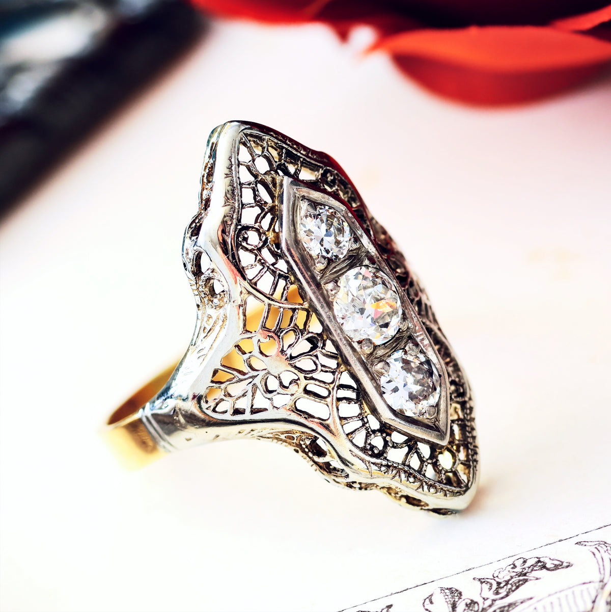 A Dramatic Vintage Filigree Diamond Dress Ring