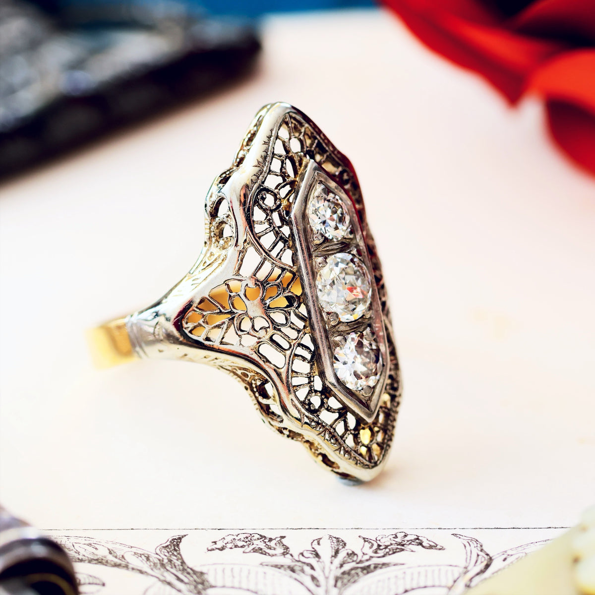 A Dramatic Vintage Filigree Diamond Dress Ring