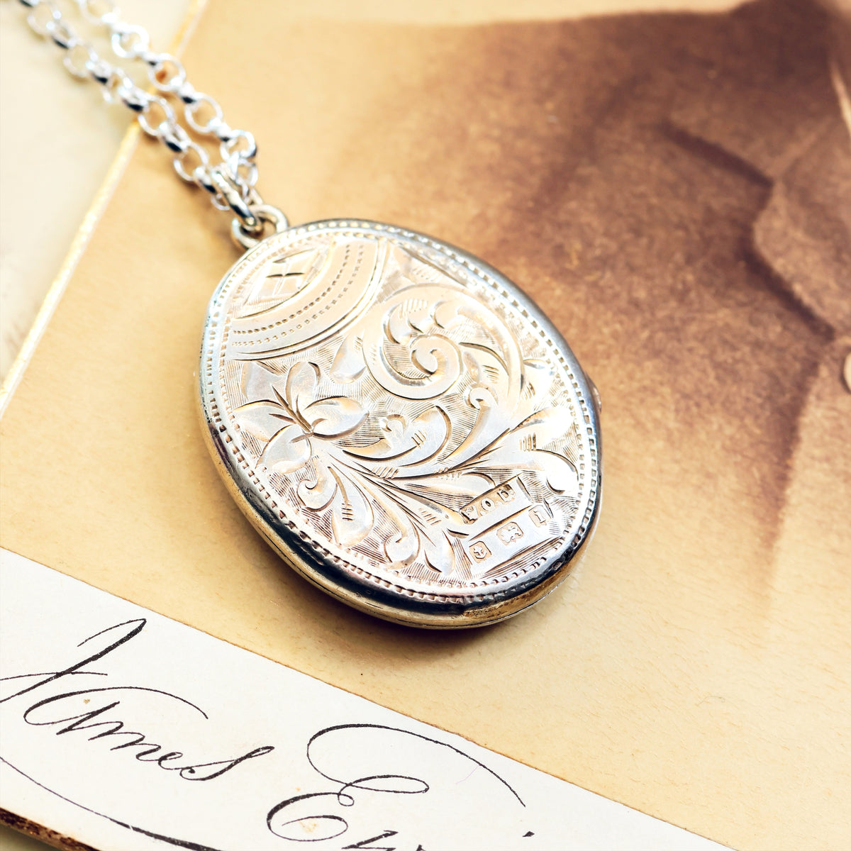 Antique Date 1908 Hand Engraved Oval Silver Locket