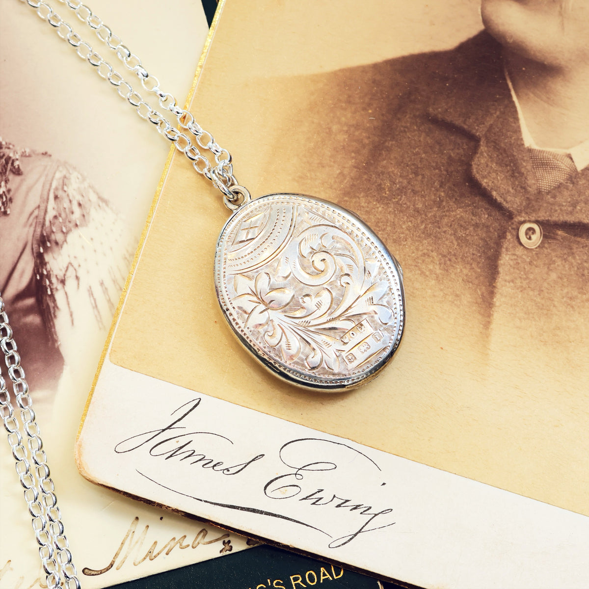 Antique Date 1908 Hand Engraved Oval Silver Locket