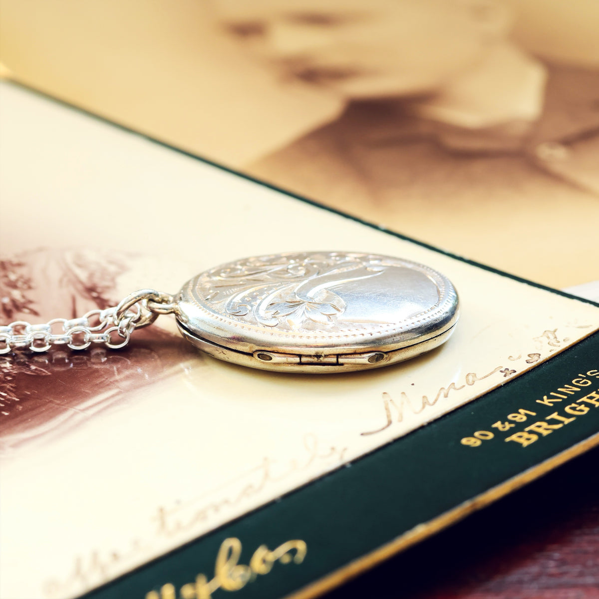 Antique Date 1908 Hand Engraved Oval Silver Locket