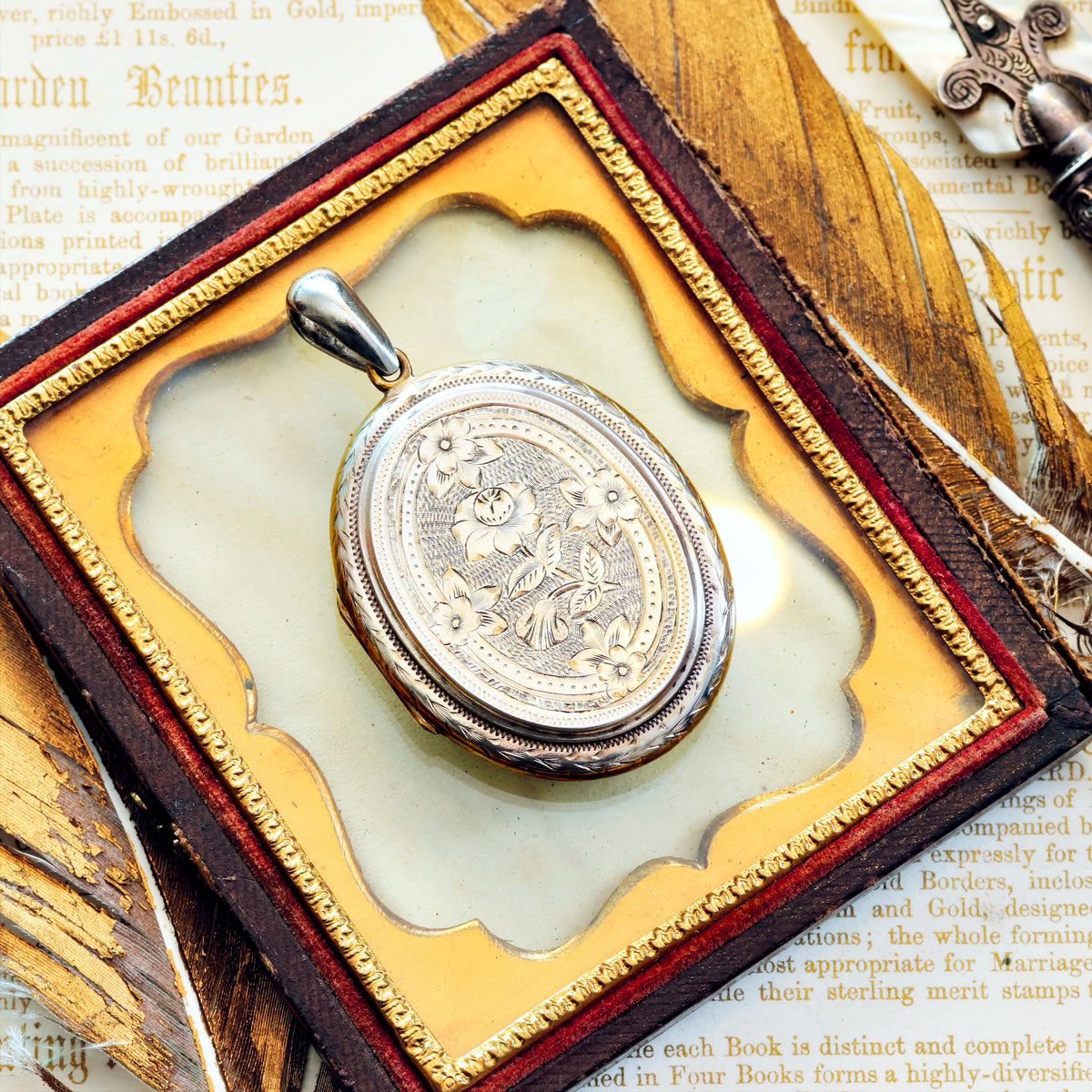 Antique Victorian 'Roses for Love' Hand Engraved Silver Locket
