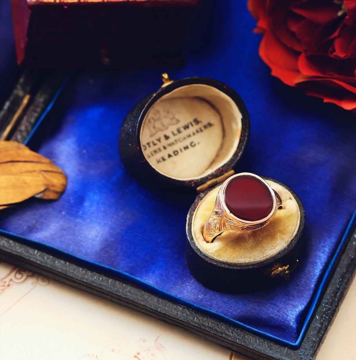 Date 1874 Carnelian 15ct Gold Signet Ring in Original Box