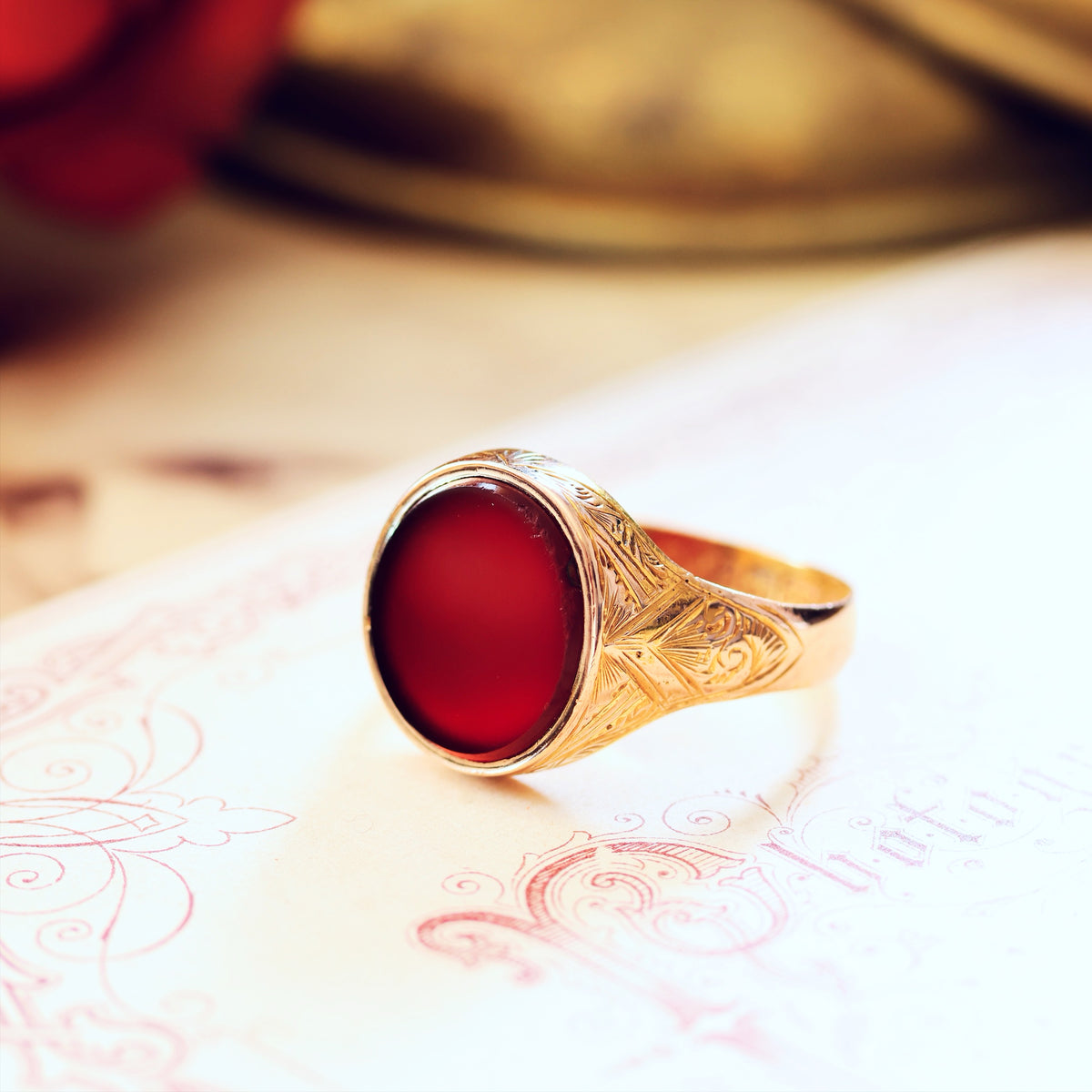 Date 1874 Carnelian 15ct Gold Signet Ring in Original Box