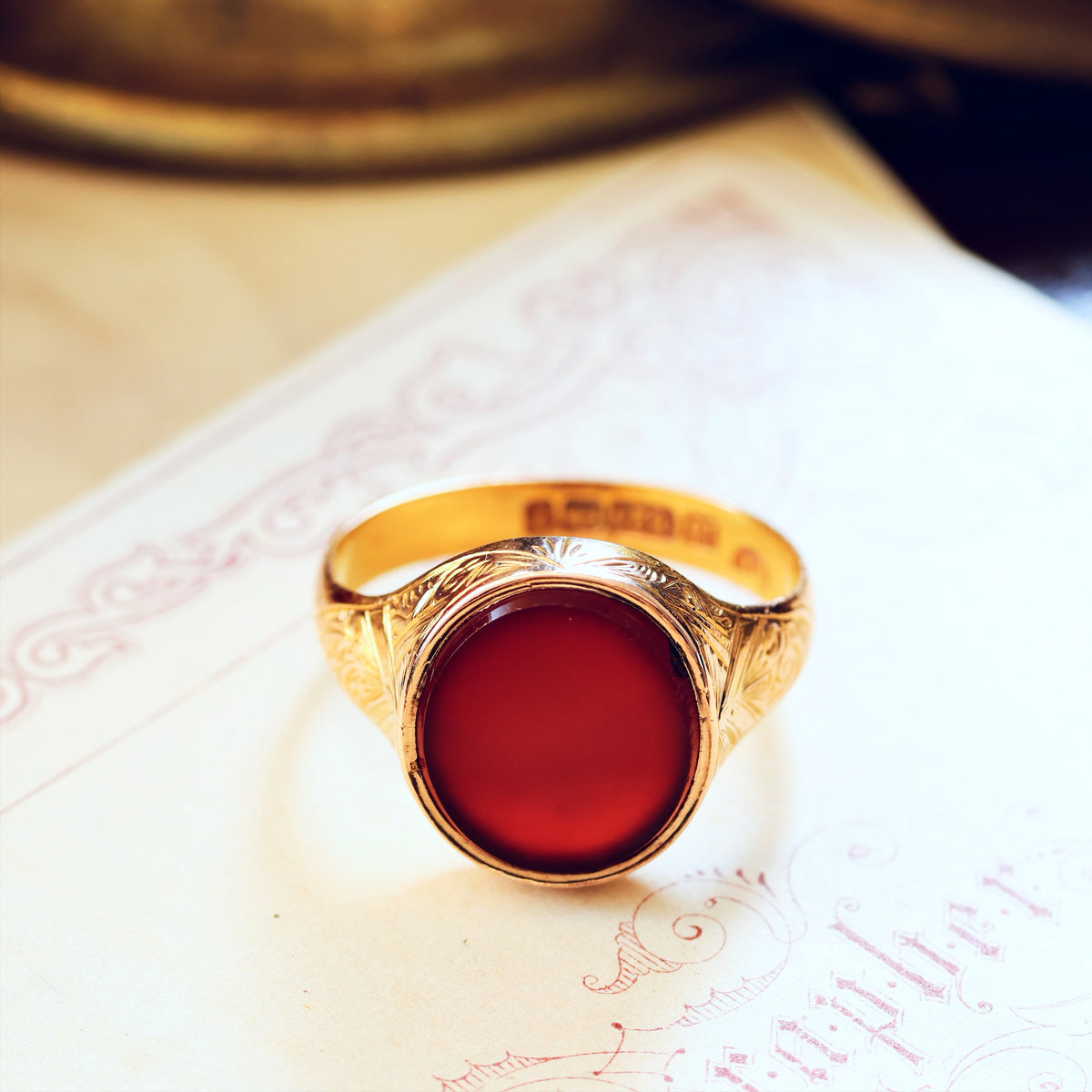 Date 1874 Carnelian 15ct Gold Signet Ring in Original Box
